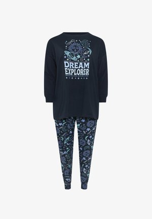 Navy-Pyjama-Set mit langärmligem Oberteil, das den Text "DREAM EXPLORER" und himmlische Grafiken zeigt. Taillierte Hose mit Stern- und Planetenmustern.