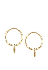 Guldøreringe med en dobbelt-sl�øjfe design og en lille vedhæng hængende nedenfor, fremstillet af metal med en poleret overflade.