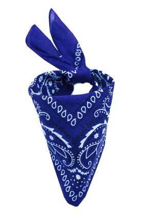 Bandana bleue avec motif paisley, en forme triangulaire, fabriquée en tissu, avec des accents blancs et nouée en haut.