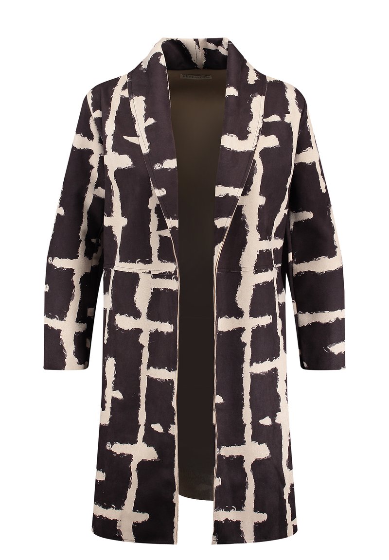 Cappotto lungo fino al ginocchio, nero e crema, con motivo decorativo, dal taglio morbido, maniche lunghe e apertura frontale. Tessuto testurizzato con design geometrico.