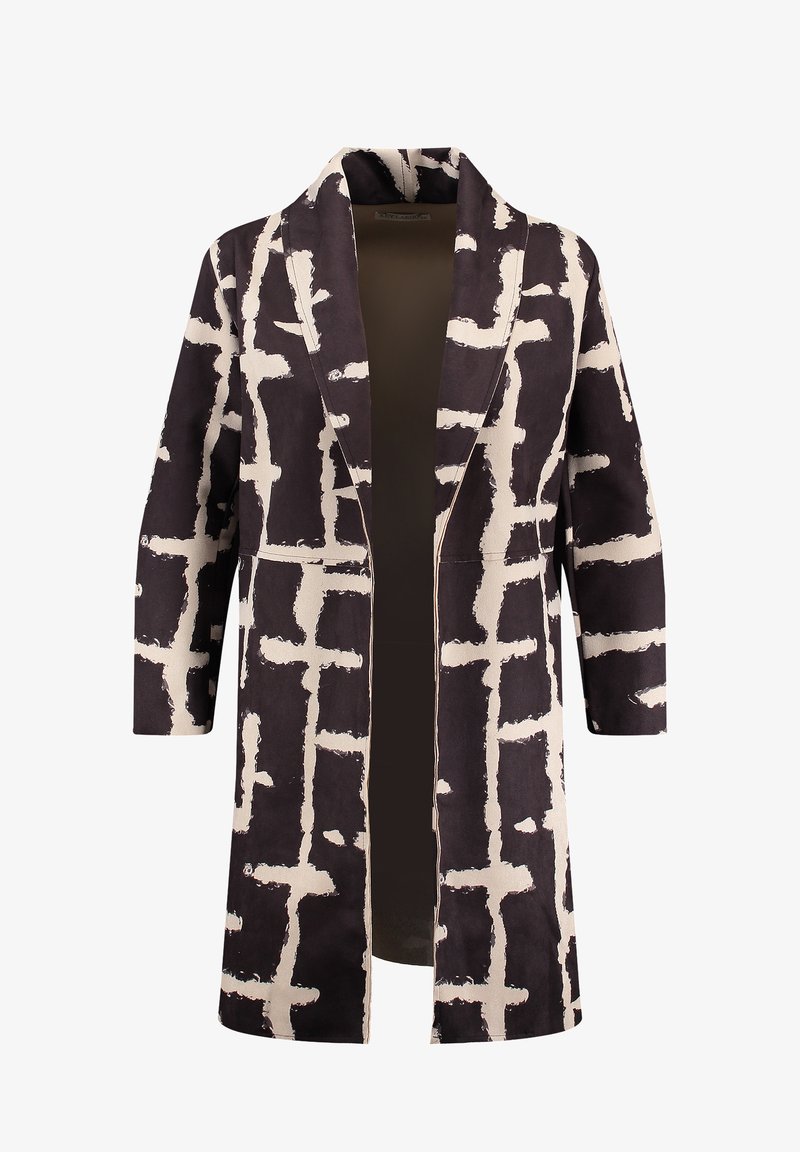Kurtka do kolan w czarno-kremowy wzór o luźnym kroju, z długimi rękawami i otwartym przodem. Teksturowany materiał z geometrycznym wzorem.