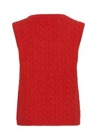 Bright red sleeveless knitted vest with a subtle textured pattern and a round neckline.