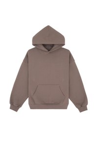 Brown hooded sweatshirt made of soft fabric, featuring a front pocket, wide sleeves, and a relaxed fit. Simple design with no patterns.