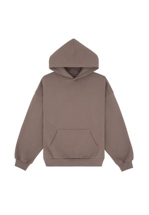 Brown hooded sweatshirt made of soft fabric, featuring a front pocket, wide sleeves, and a relaxed fit. Simple design with no patterns.