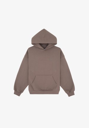 Hnědá mikina s kapucí vyrobená z měkké tkaniny, s přední kapsou, širokými rukávy a uvolněným střihem. Jednoduchý design bez vzorů.