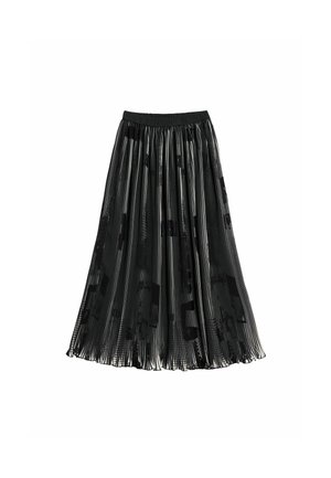 Black pleated skirt featuring a glossy texture, elastic waistband, and abstract patterns in varying shades of black and gray.