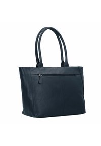 Borsa tote in pelle blu navy con due manici lunghi, tasca frontale con zip e superficie liscia. Forma rettangolare con design minimalista.