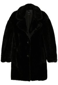Abrigo de peluche negro con cuello con muescas, cierre de botón y bolsillos laterales. Presenta una superficie suave y texturizada y una silueta estructurada.