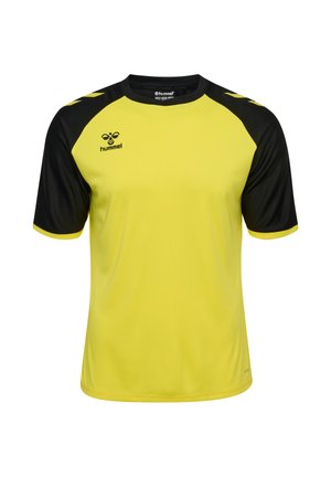 Maglietta sportiva gialla a maniche corte con maniche nere e dettagli neri, con il logo Hummel sul petto e sulle spalle.