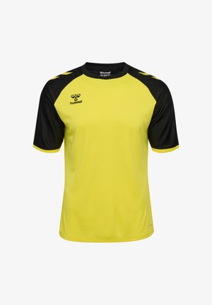 Maglietta sportiva gialla a maniche corte con maniche nere e dettagli neri, con il logo Hummel sul petto e sulle spalle.