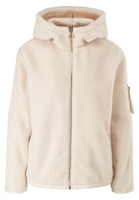 Veste polaire de couleur crème avec capuche, fermeture éclair intégrale à l'avant, manches longues, et une poche zippée sur le haut du bras gauche.