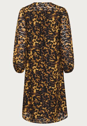 Leopard print dress with a smooth, lightweight fabric. Features long, puffed sleeves and a round neckline. Predominantly black and brown pattern.