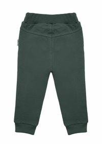 Zielone bawełniane spodnie dresowe o miękkiej teksturze, z prążkowanym paskiem i mankietami oraz metką z boku. Gładki, dopasowany fason.