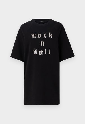 Zwarte oversized T-shirt met "Rock n Roll" in zilveren gotische letters. Gemaakt van katoen, met korte mouwen en een ronde halslijn.