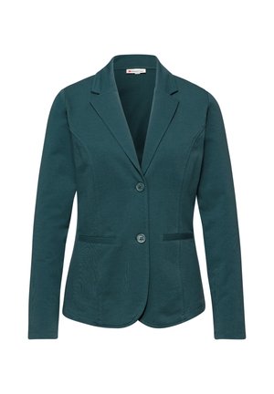 Blazer ajusté turquoise avec revers crantés, deux boutons sur le devant, manches longues et poches fendues de chaque côté.