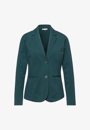 Blazer ajusté turquoise avec revers crantés, deux boutons sur le devant, manches longues et poches fendues de chaque côté.