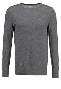 Grau meliertes Langarmshirt mit Rundhalsausschnitt aus weichem, strukturiertem Stoff. Verfügt über eine klassische Passform mit gerippten Bündchen und Saum.