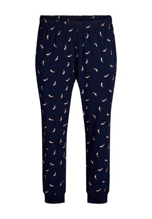 Mornarsko modre pižama hlače z rožnatim cvetličnim vzorcem, elastičnim pasom in zoženim krojem nogavic. Izdelane iz mehke, lahke tkanine.