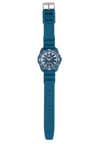 Turkos silikonarmbandsur med oktagonal klockkåpa, silverdetaljer och en svartvit urtavla som har timmarkörer och en logotyp.