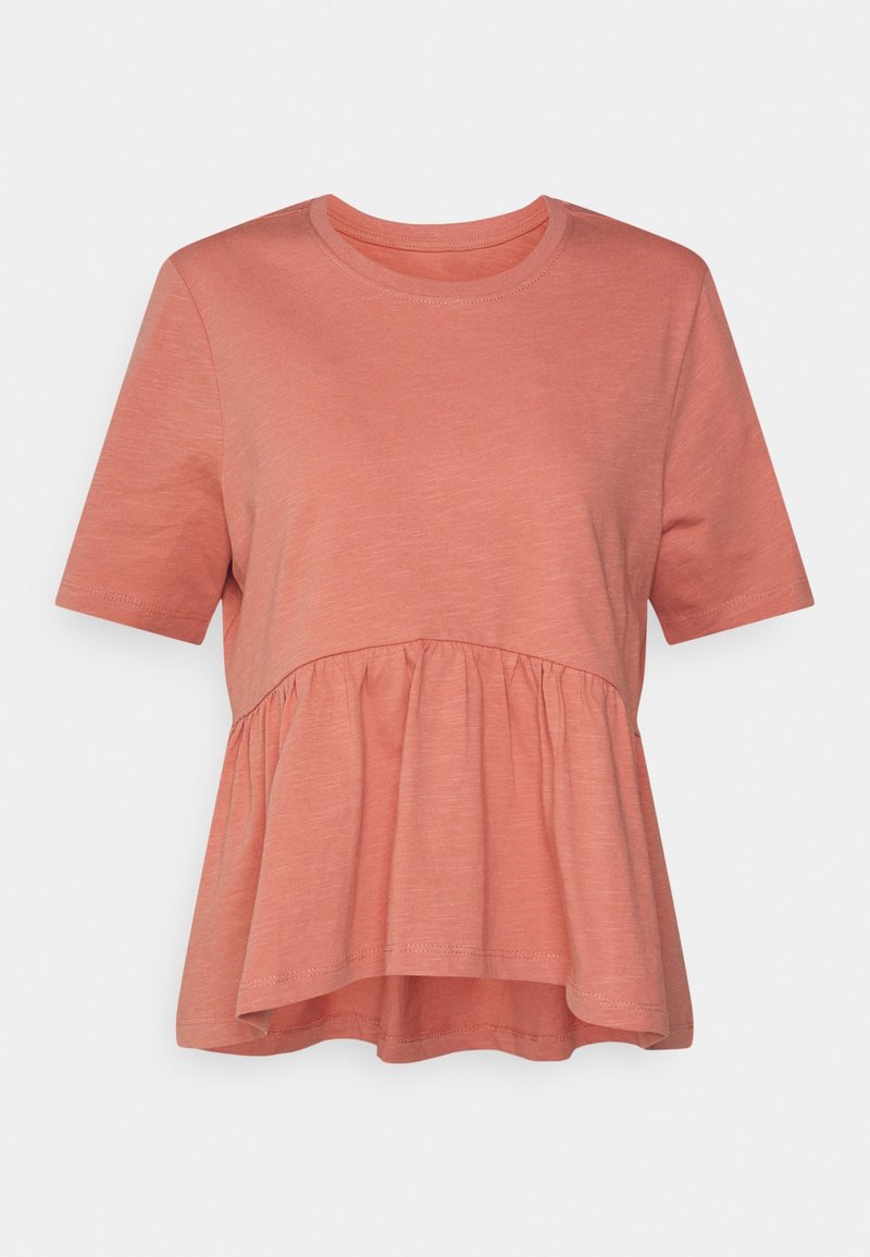 Meruňkově zbarvené tričko s krátkým rukávem a kulatým výstřihem, se staženým a rozšířeným spodním lemem, vyrobené z měkkého, lehkého materiálu.