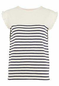 Top de manga corta a rayas en crema con rayas horizontales en azul marino, con mangas en volantes y una tela suave y ligera.