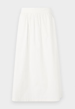 Fustă albă, până la genunchi, din bumbac, cu un brâu elastic. Prezintă o textură netedă, simplă și un design lejer, fluid.