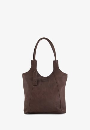 Donkere bruine leren shopper met een gladde textuur, gebogen handvatten en een subtiel merkteken. Beschikt over een ruime hoofdvak en een zachte silhouet.