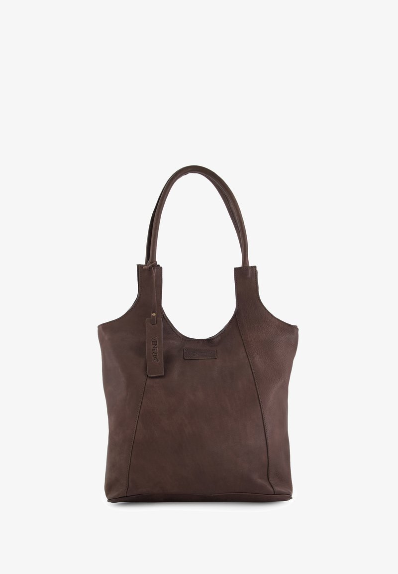 Dunkelbraune Ledertasche mit glatter Textur, gebogenen Griffen und einem dezenten Markenzeichen. Verfügt über ein geräumiges Hauptfach und eine weiche Silhouette.