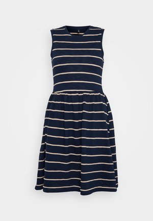 Námornícky modré šaty bez rukávov s vodorovnými krémovými prúžkami, okrúhlym výstrihom a zúženým pásom, so sukňou v štýle áčkového strihu.