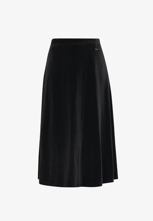 Schwarzer Samt-A-Linien-Rock mit glatter Textur, mittellangem Design und einem dezenten Markenetikett am Taillenbund. Klassisch und vielseitig.