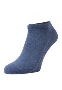 Blue ankle sock with a ribbed texture, subtle branding, and a reinforced toe. Made from lightweight, breathable fabric for comfort.