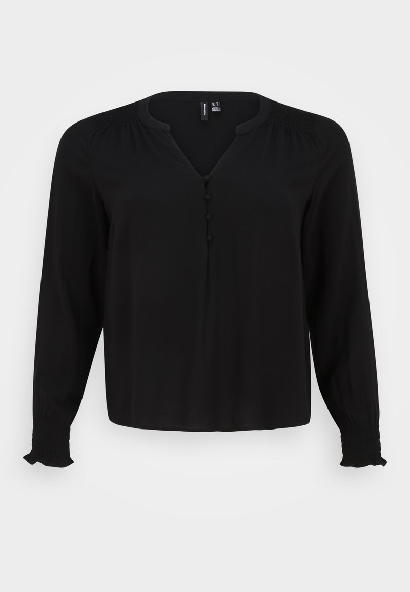 Blouse noire à manches longues avec col rond, patte de boutonnage, épaules froncées et poignets élastiqués à volants.