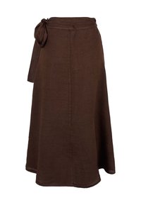 Bruine linnen maxi-skirt met een strikdetail in de taille, met een vloeiende uitstraling en een zachte textuur. De zoom valt net boven de vloer.
