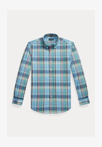 Button-down shirt in blue and green plaid pattern, featuring long sleeves, a collar, and a small logo on the chest. Cotton blend fabric.