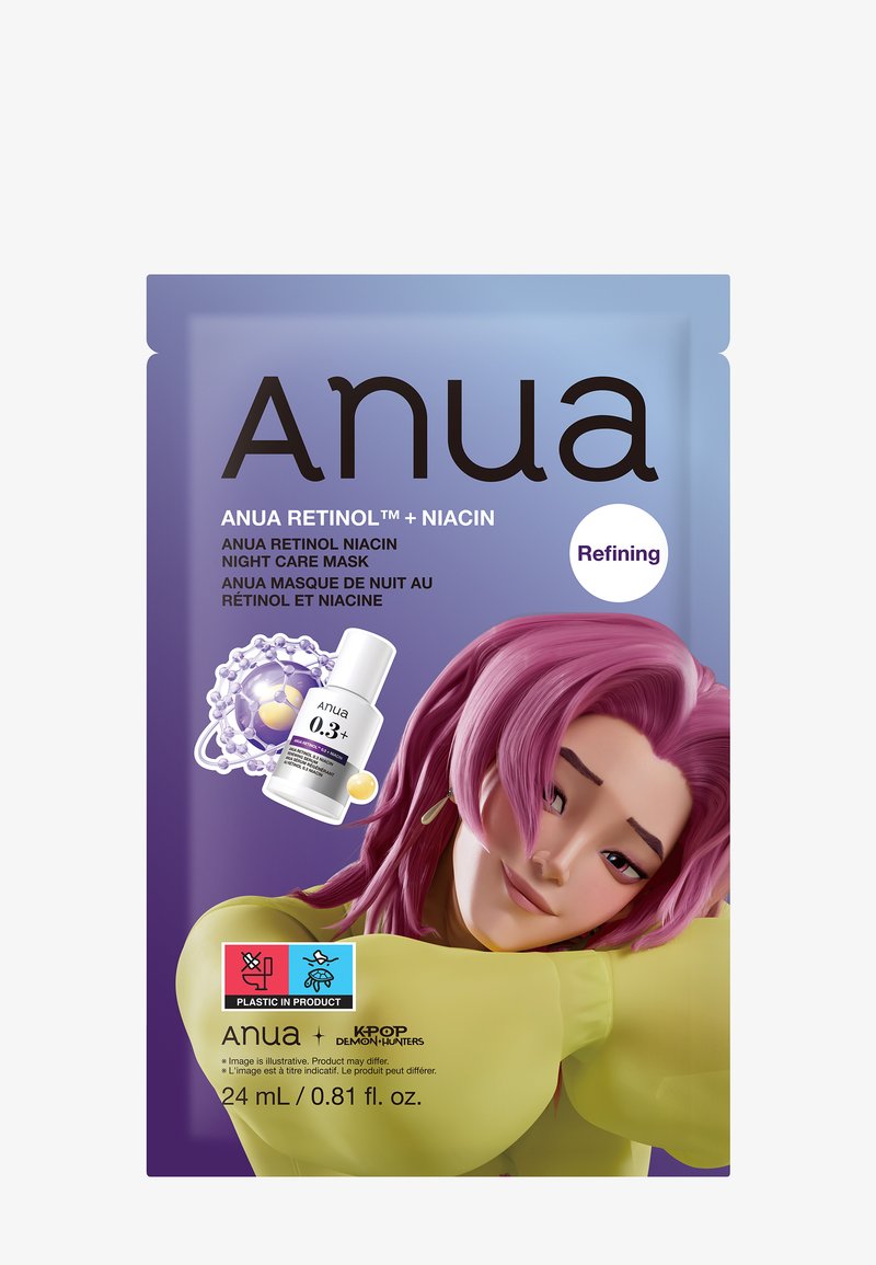 Verpakking van de Anua Retinol + Niacin nachtverzorgingsmasker met een geanimeerd personage met roze haar, productfles en verfijnend etiket.