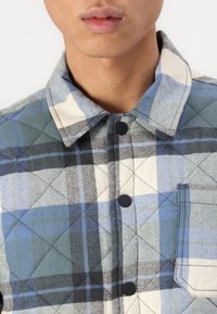 Quilted shirt jacket featuring a blue, black, and white plaid pattern, broad collar, and black snap buttons, with a chest pocket detail.