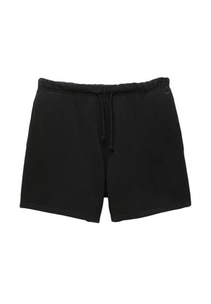 Crne pamučne kratke hlače s elastičnim pojasom, zatvaranjem na vezicu i jednostavnim dizajnom. Imaju ravni rub i nema vidljivih uzoraka ili akcenata.