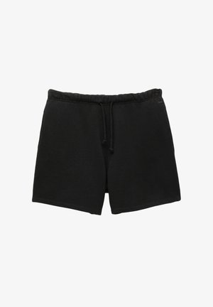 Zwarte katoenen shorts met een elastische tailleband, trekkoordsluiting en eenvoudig ontwerp. Heeft een rechte zoom en geen zichtbare patronen of accenten.