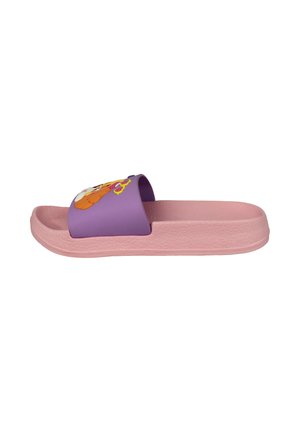 Pink slide sandal with a purple strap featuring a colorful cartoon character design, shown from the side on a white background.