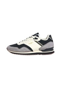 Black, gray, and cream athletic sneaker featuring a suede and mesh upper, lace closure, padded collar, and rubber sole with brown traction.