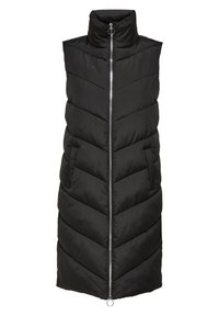 Gilet rembourré sans manches noir avec un col montant, fermeture éclair, poches avant inclinées et motif de surpiqûre en chevrons. Texture lisse.