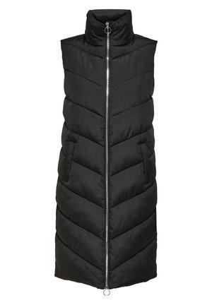 Gilet rembourré sans manches noir avec un col montant, fermeture éclair, poches avant inclinées et motif de surpiqûre en chevrons. Texture lisse.