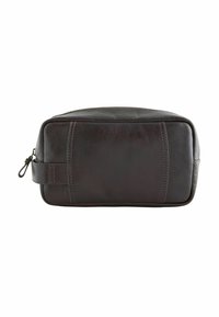 Geantă de cosmetice din piele maro, cu formă dreptunghiulară, textură netedă, închidere cu fermoar, mânere laterale și detalii subtile de cusături.