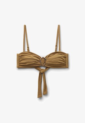 Top de bikini marrón con textura, con tirantes ajustables, detalle central de anillo de carey y nudo delantero.