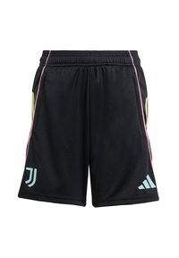 Schwarze Fußballshorts mit elastischem Bund, hellblauen Akzenten, pinken Seitestreifen und Logos auf der linken und rechten Unterseite.