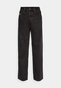 Sorte denim-bukser med vid ben og høy midje, frontknap-lukning, to sidelommer og diskrete sømdetaljer.