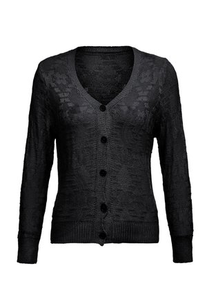 Cardigan tricotat negru cu guler în V, mâneci lungi, mansete și tiv în relief, și cinci nasturi pe față. Model texturat pe întreaga suprafață.