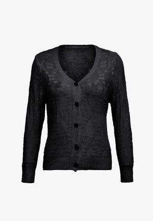 Fekete kötött kardigán V nyakkivágással, hosszú ujjakkal, bordázott mandzsettákkal és szegéllyel, valamint öt gombbal az elején. Az egész anyag texturált mintázatú.