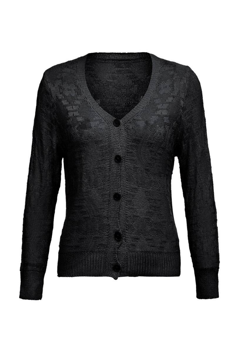Svart stickad cardigan med v-ringning, långa ärmar, ribbade ärmslut och nederkant, samt fem knappar framtill. Mönster med struktur överallt.