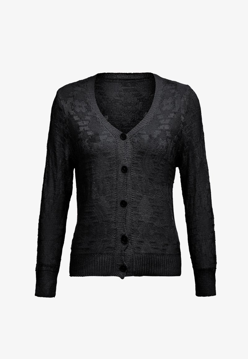 Svart stickad cardigan med v-ringning, långa ärmar, ribbade ärmslut och nederkant, samt fem knappar framtill. Mönster med struktur överallt.
